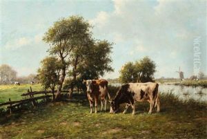 Cows In A Summer River Landscape by Adriaan Marinus Geyp