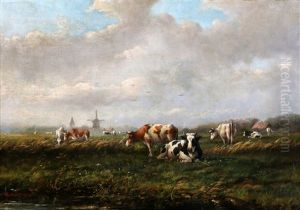 Een Hollands Landschap Met Molen En Grazende Koeien by Adriaan Marinus Geyp