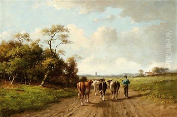 Farmer With Cattle On A Country Road - view 1