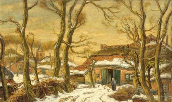 A Woman Feeding Chickens By A Farm In A Winter Landscape - view 1