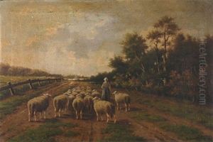 Shepherdess With Her Flock by Adriaan Marinus Geyp