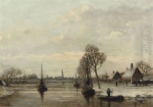 Boats On A River In Winter by Adriaan Marinus Geyp