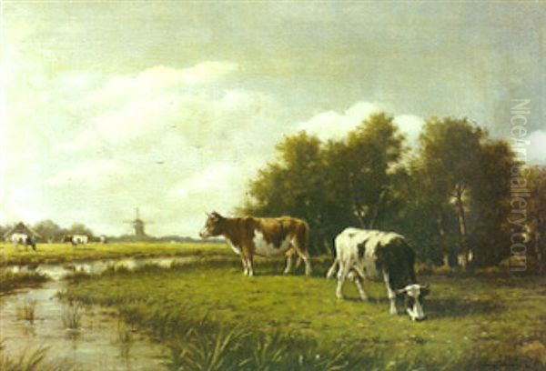 A Pastoral Scene With Cows Grazing By A Stream And A Windmill Beyond - view 1