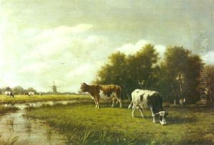 A Pastoral Scene With Cows Grazing By A Stream And A Windmill Beyond by Adriaan Marinus Geyp