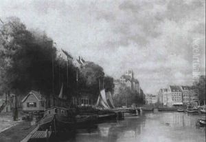 Hollandische Gracht Mit Hausbooten by Adriaan Marinus Geyp