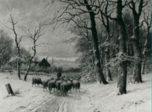 A Shepherd And His Flock In The Snow by Adriaan Marinus Geyp
