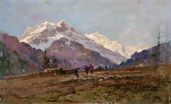 Bauerinnen Bei Der Feldarbeit Mit Monte Rosa Im Hintergrund - view 1