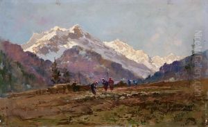 Bauerinnen Bei Der Feldarbeit Mit Monte Rosa Im Hintergrund Bauerinnen Bei Der Feldarbeit Mit Monte Rosa Im Hintergrund