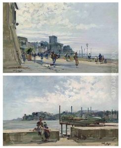 A Bustling Italian Quayside (+ A Family Before An Italian Bay; Pair) by Cesare Gheduzzi