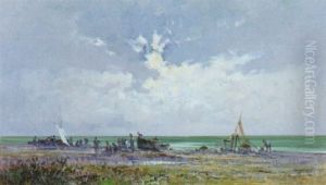 Pescatori E Barche Sulla Spiaggia by Cesare Gheduzzi