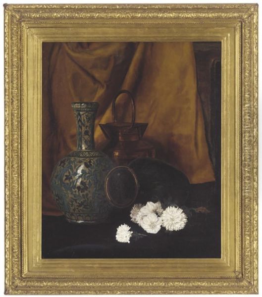 An Oriental Style Vase, A Copper Pail And Some Flowers - view 1