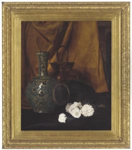 An Oriental Style Vase, A Copper Pail And Some Flowers by Charlotte E. Babb