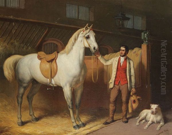 Chevalier, Cheval Selle Et Chien Dans L'etable - view 1