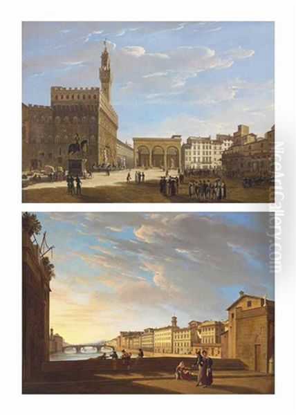 Florence: The Piazza Della Signoria With The Palazzo Vecchio, The Uffizi, And The Loggia Dei Lanzi; And Florence: The Arno, Looking West From The Ponte Vecchio - view 1