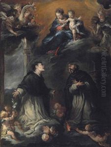 The Madonna And Child Appearing To Saints Nicholas Of Tolentino And Thomas Aquinas by Alessandro Gherardini