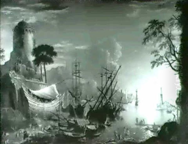 View Of A Boatyard On An Estuary At Sunrise, With Bathing   Figures In The Foreground - view 1