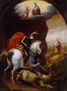 Saint George And The Dragon, With A Cardinal Saint Adoring The Madonna And Child Beyond by Melchiorre Gherardini
