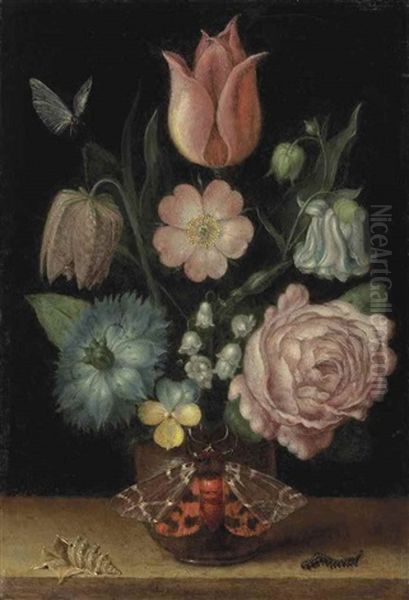 A Tulip, A Snakeshead, A Love-in-a-mist, A Double Variegated Columbine, A Dog Rose, A Maiden"s Blush Rose, Lilies Of The Valley And A Pansy In A Pot With A Garden Tiger Moth, A Shell, And A Caterpillar On A Ledge, A Butterfly Above - view 1
