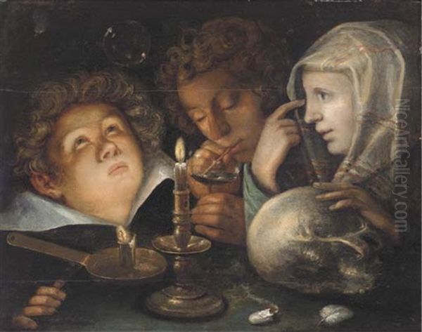 A Vanitas Allegory: Homo Bulla Est, A Boy Blowing Bubbles While Another Watches And A Young Woman Holds A Skull By Candlelight - view 1