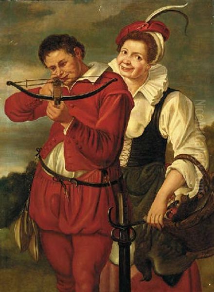 A Youth Shooting Wild Birds With A Crossbow, A Companion At His Side - view 1