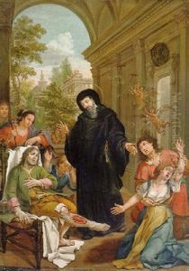 San Francisco De Paula Asistiendo A Los Enfermos Y Expulsando A Los Demonios, Un Jardin Al Fondo