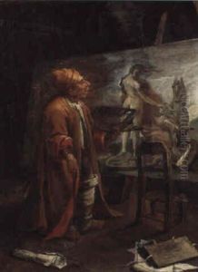 A Caricature Portrait Of The Artist Paolo De'matteis In His Studio by Pier Leone Ghezzi
