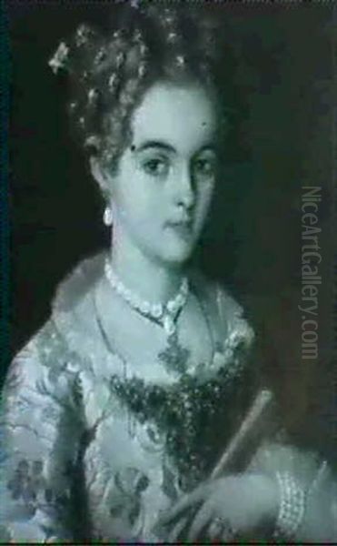 Portrait Of A Lady, Bust Length, Wearing An Embroidered Dress Holding A Fan - view 1