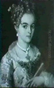 Portrait Of A Lady, Bust Length, Wearing An                 Embroidered Dress Holding A Fan