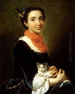 Portrait Of A Young Lady Seated Holding A Kitten.