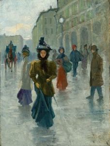 Passeggio In Una Giornata Di Pioggia In Via Grande A Livorno by Oscar Ghiglia