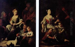 Allegorie Des Cinq Sens: Fileuse Et Enfants Jouant Avec Un Chat (+ Jeune Femme Tricotant Et Enfants Mangeant Des Spaghetti; Pair) by Stefano Ghirardini