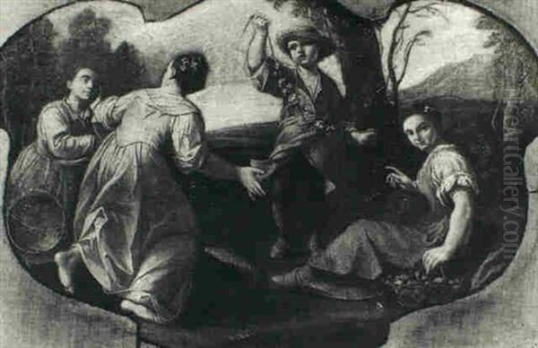 Peasants Making Flower Garlands In A Landscape - view 1