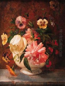 Roses And Pansies In White Vase