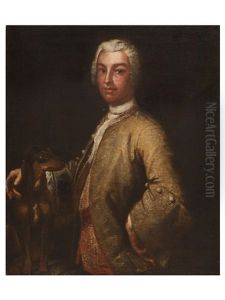 Half Length Portrait Of A Gentleman In A Gold Jacket With Dog