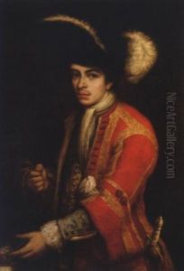 Portrait Of A Young Man In A Scarlet Coat, A Plumed Hat And Holding A Hound On A Leash At His Side