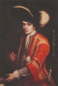 Portrait Of A Young Man In A Red Coat And Plumed Hat Holding A Hound On A Lead