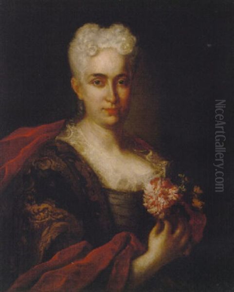 Portrait Of A Lady In A Blue Dress With Gold Brocade And A Crimson Wrap, Holding A Carnation - view 1