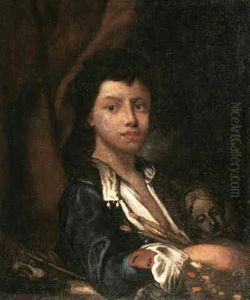 Portrait Of A Young Artist Half Length Before Drapes Holding Brushes, Palette And A Marble Bust Of A Woman by Vittore Giuseppe Ghislandi (Fra' Galgario)