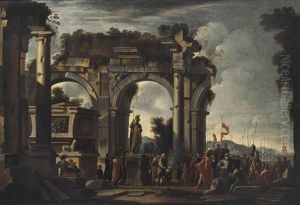 A Capriccio Landscape With Alexander Visiting The Tomb Of Achilles by Giovanni Ghisolfi