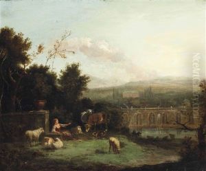 A Capriccio Of Classical Ruins With Figures On A Shore, Boats Beyond by Giovanni Ghisolfi