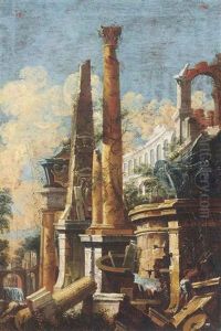 A Capriccio Of Classical Ruins; A Capriccio Of Classical Ruins With An Obelisk And A Column (pair) by Giovanni Ghisolfi