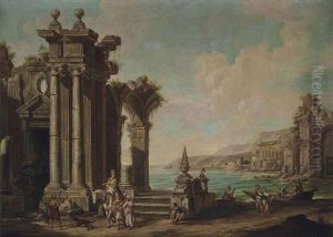 A Mediterranean Harbour With A Capriccio Of Classical Ruins And A Soldier On Horseback