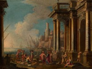 A Capriccio Of A Mediterranean Port With Classical Ruins by Giovanni Ghisolfi