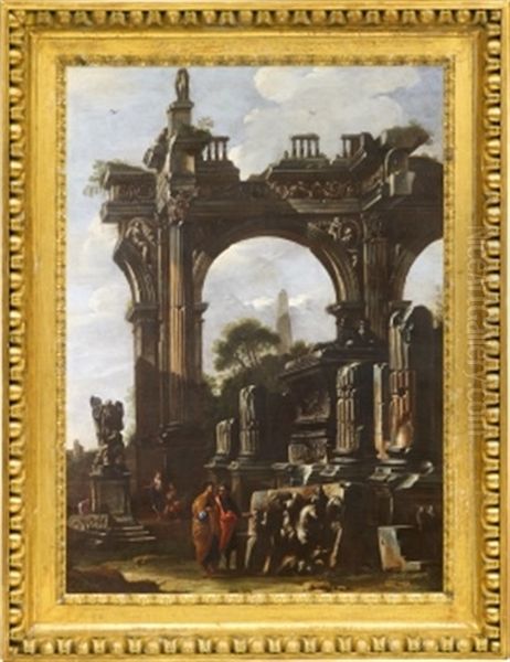 Landskap Med Tempelruin Och Konverserande Figurer - view 1