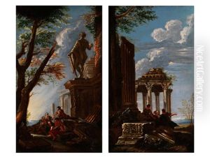 Antike Ruinenlandschaft Mit Figurenstaffage (+ Another, Similar; Pair)
