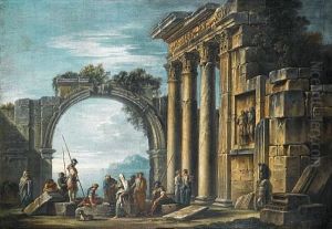 Classical Ruins Before An Italianate Lake (+ An Architectural Capriccio, Irgr; Pair) by Giovanni Ghisolfi