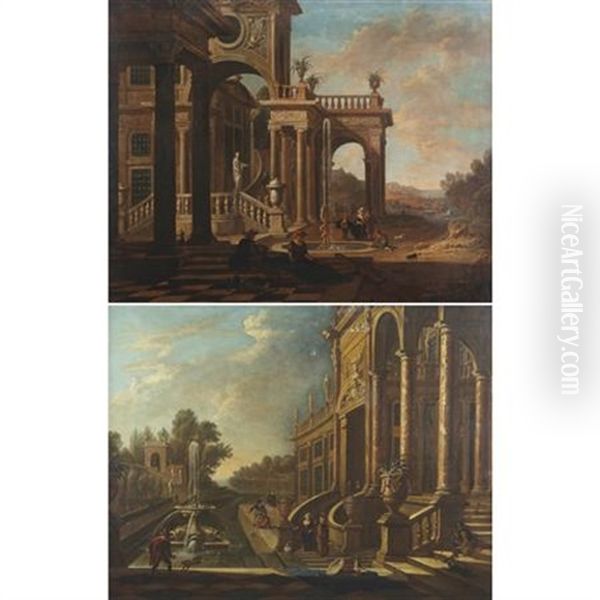Capricci Of Palaces With Fountains (+ Figures Strolling; 2 Works) - view 1