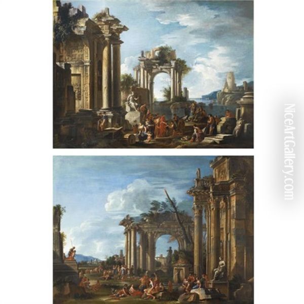 Architectural Capriccio With A Statue Of Mercury (+ Another; Pair) - view 1