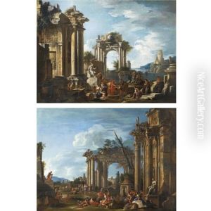 Architectural Capriccio With A Statue Of Mercury (+ Another; Pair) by Giovanni Ghisolfi