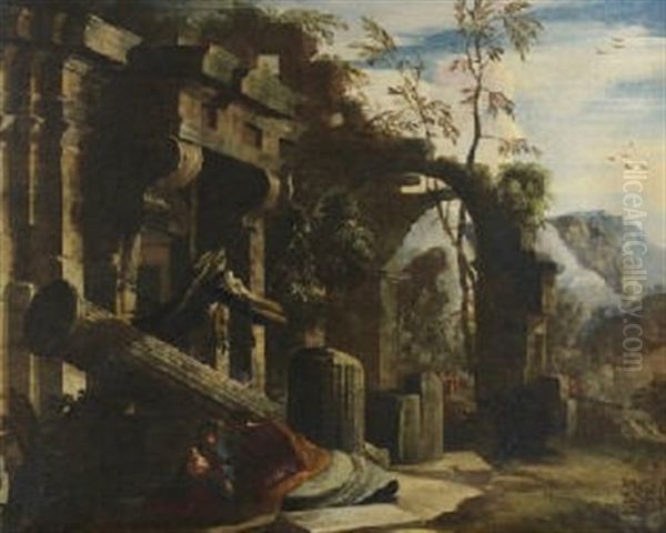 Le Repos De La Sainte Famille Dans Des Ruines Antiques - view 1
